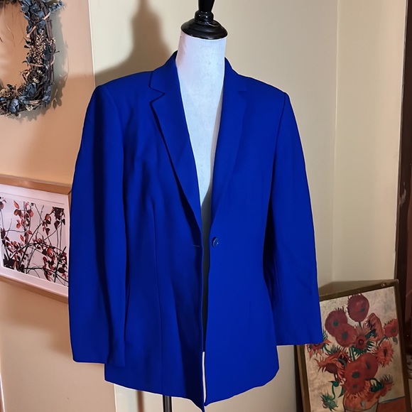 VINTAGE KASPER and CO Size 10 Longline Blazer 1-Button WOOL Vivid BlueV-neck - Picture 2 of 11
